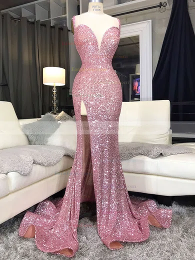 Trumpet/Mermaid V-neck Sequined Sweep Train Split Front Prom Dresses #Favs020108358