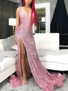 Trumpet/Mermaid V-neck Sequined Sweep Train Split Front Prom Dresses #Favs020108358