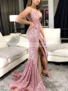 Trumpet/Mermaid V-neck Sequined Sweep Train Split Front Prom Dresses #Favs020108358
