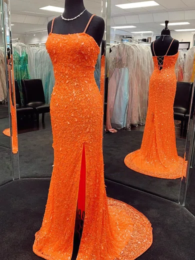 Sheath/Column Square Neckline Sequined Sweep Train Split Front Prom Dresses #Favs020108361