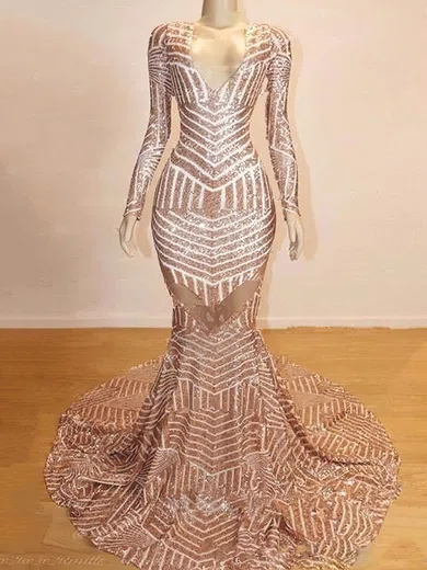 Trumpet/Mermaid V-neck Glitter Sweep Train Prom Dresses #Favs020108367