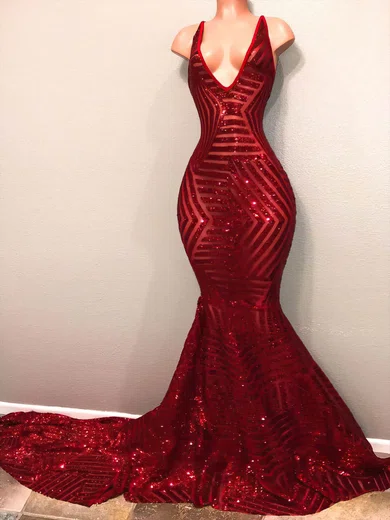 Trumpet/Mermaid V-neck Sequined Sweep Train Prom Dresses #Favs020108370