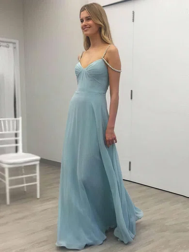 A-line V-neck Chiffon Floor-length Beading Prom Dresses #Favs020105331