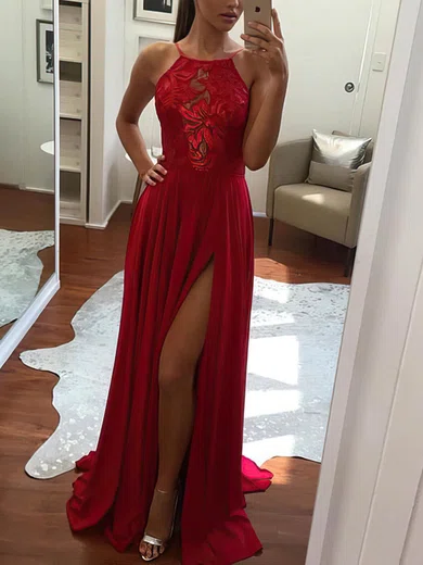 A-line Scoop Neck Lace Chiffon Sweep Train Split Front Prom Dresses #Favs020105340