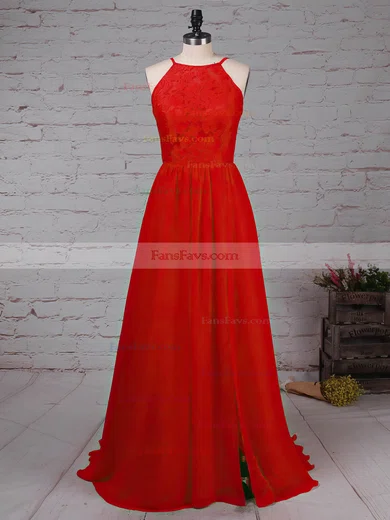 A-line Scoop Neck Lace Chiffon Sweep Train Split Front Prom Dresses #Favs020105340