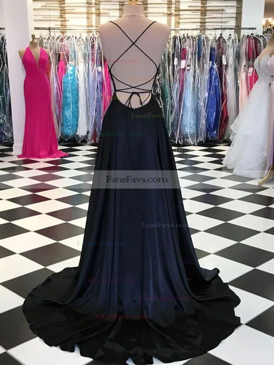 A-line Square Neckline Silk-like Satin Sweep Train Prom Dresses #Favs020108384