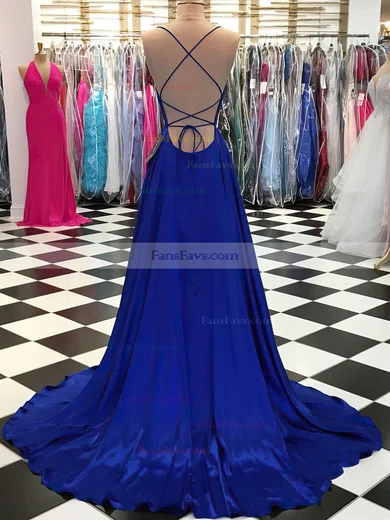 A-line Square Neckline Silk-like Satin Sweep Train Prom Dresses #Favs020108384