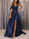 A-line One Shoulder Glitter Sweep Train Appliques Lace Prom Dresses #Favs020108385