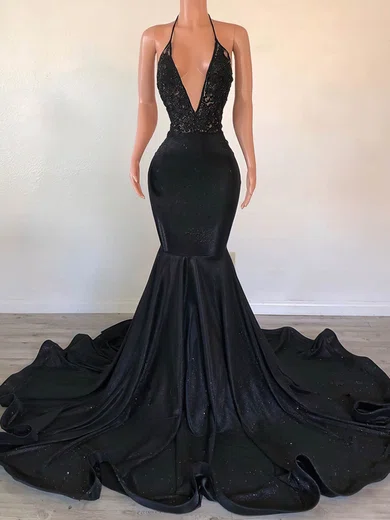 Trumpet/Mermaid Halter Glitter Sweep Train Appliques Lace Prom Dresses #Favs020108387