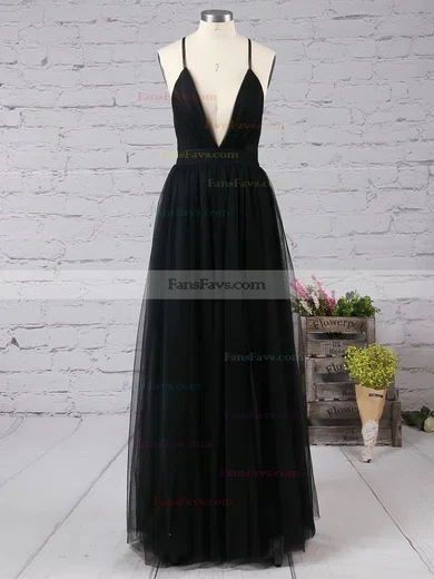 A-line V-neck Tulle Sweep Train Split Front Prom Dresses #Favs020108388