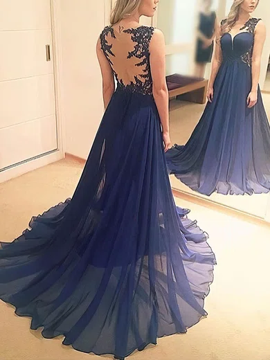 A-line Scoop Neck Chiffon Sweep Train Appliques Lace Prom Dresses #Favs020105345