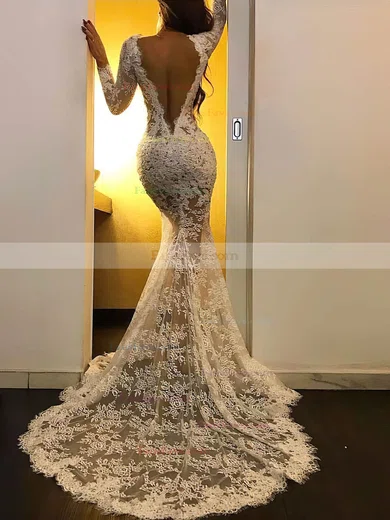 Trumpet/Mermaid Scoop Neck Lace Sweep Train Beading Prom Dresses #Favs020108553