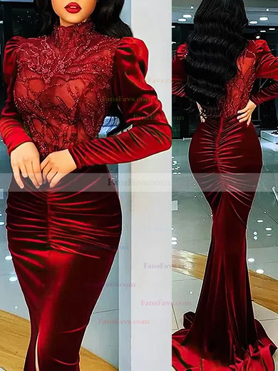 Trumpet/Mermaid High Neck Velvet Sweep Train Lace Prom Dresses #Favs020108554