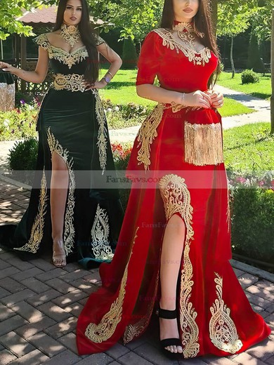 A-line High Neck Velvet Sweep Train Appliques Lace Prom Dresses #Favs020108556