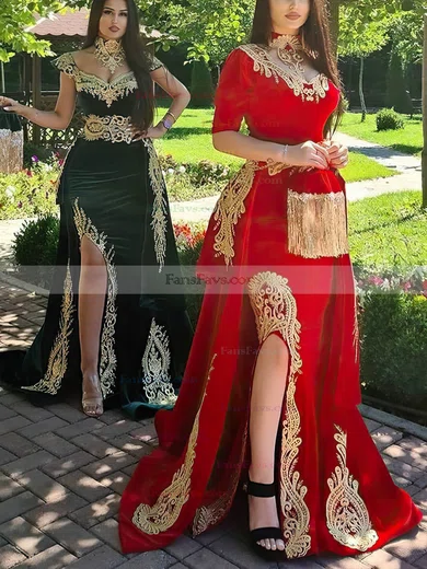 A-line High Neck Velvet Sweep Train Appliques Lace Prom Dresses #Favs020108556