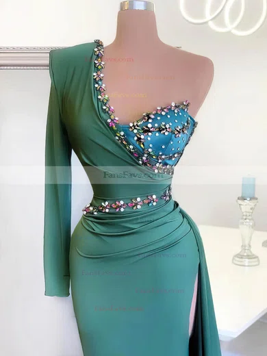 A-line One Shoulder Jersey Sweep Train Beading Prom Dresses #Favs020108558