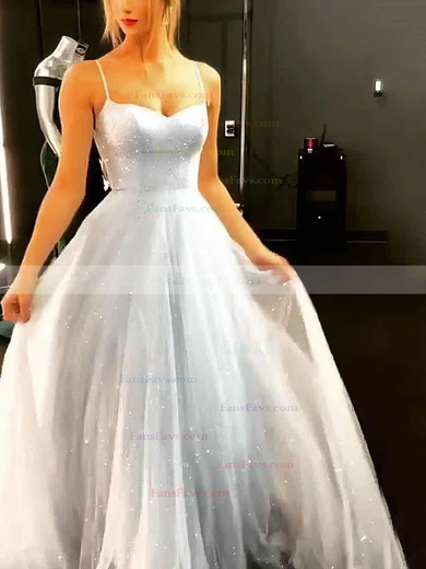 A-line V-neck Tulle Sweep Train Prom Dresses #Favs020108575