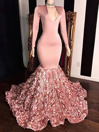 Trumpet/Mermaid V-neck Silk-like Satin Sweep Train Flower(s) Prom Dresses #Favs020108576