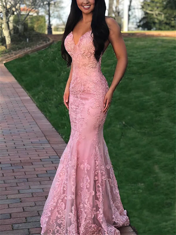 Trumpet/Mermaid V-neck Lace Sweep Train Prom Dresses #Favs020108580