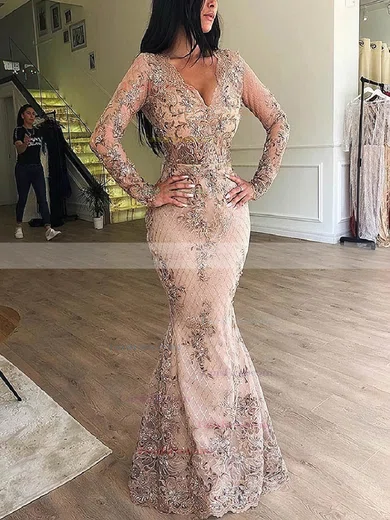 Trumpet/Mermaid V-neck Lace Detachable Prom Dresses #Favs020108583