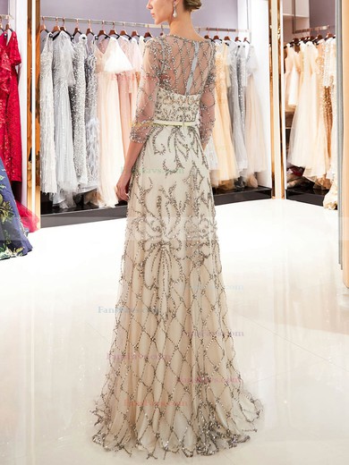 A-line Scoop Neck Tulle Sweep Train Beading Prom Dresses #Favs020108584