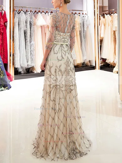 A-line Scoop Neck Tulle Sweep Train Beading Prom Dresses #Favs020108584