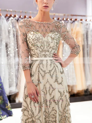 A-line Scoop Neck Tulle Sweep Train Beading Prom Dresses #Favs020108584