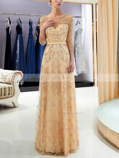 A-line Scoop Neck Tulle Sweep Train Beading Prom Dresses #Favs020108584