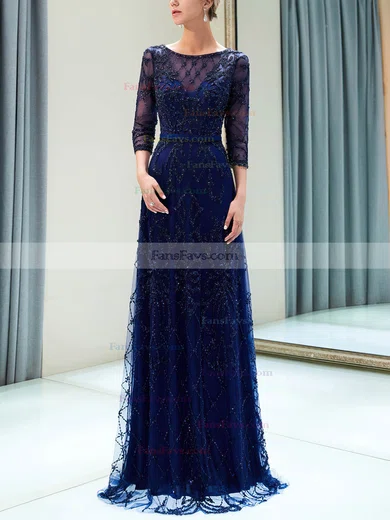 A-line Scoop Neck Tulle Sweep Train Beading Prom Dresses #Favs020108584