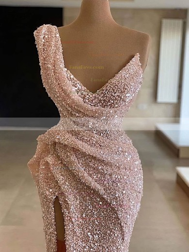 Sheath/Column One Shoulder Sequined Sweep Train Split Front Prom Dresses #Favs020108590