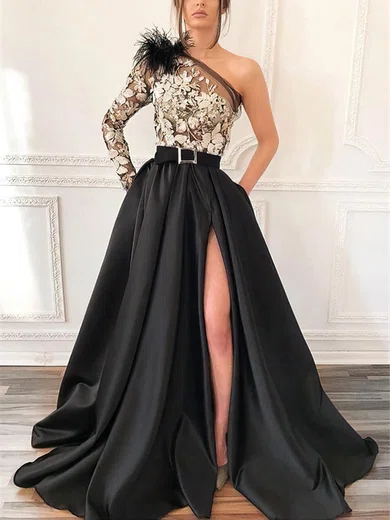 A-line One Shoulder Tulle Silk-like Satin Sweep Train Appliques Lace Prom Dresses #Favs020108592