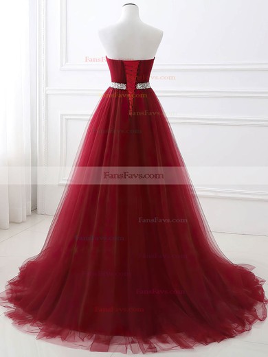 A-line Strapless Tulle Sweep Train Sashes / Ribbons Prom Dresses #Favs020108594