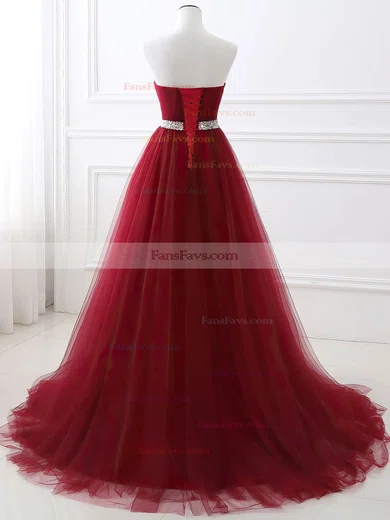 A-line Strapless Tulle Sweep Train Sashes / Ribbons Prom Dresses #Favs020108594