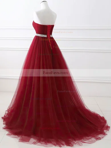 A-line Strapless Tulle Sweep Train Sashes / Ribbons Prom Dresses #Favs020108594