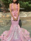 Trumpet/Mermaid Halter Sequined Jersey Sweep Train Flower(s) Prom Dresses #Favs020108602