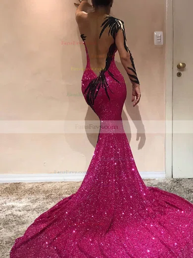 Trumpet/Mermaid One Shoulder Glitter Sweep Train Appliques Lace Prom Dresses #Favs020108604