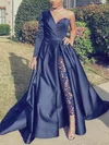 A-line Sweep Train One Shoulder Satin Lace Prom Dresses #Favs020108605