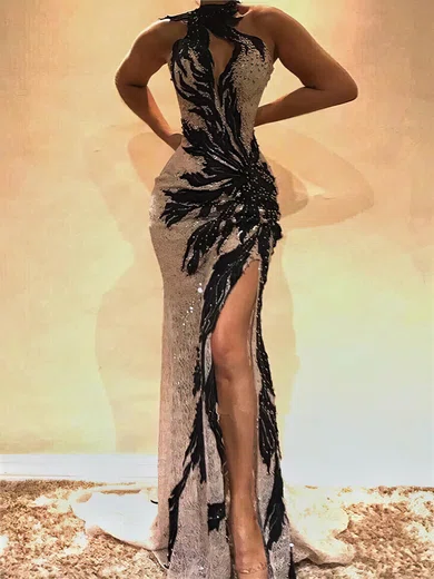 Sheath/Column Scoop Neck Sequined Sweep Train Appliques Lace Prom Dresses #Favs020108606