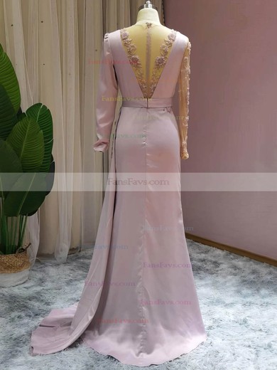 Trumpet/Mermaid V-neck Silk-like Satin Sweep Train Appliques Lace Prom Dresses #Favs020108618