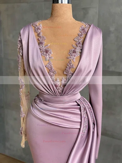 Trumpet/Mermaid V-neck Silk-like Satin Sweep Train Appliques Lace Prom Dresses #Favs020108618