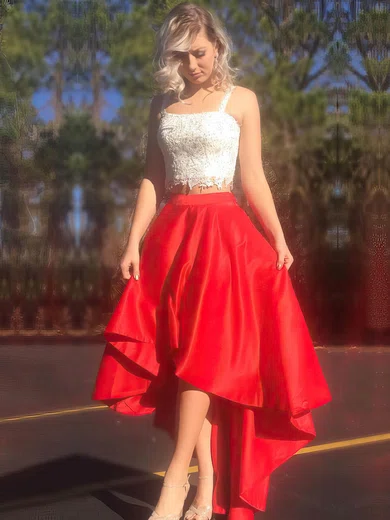 A-line Square Neckline Satin Asymmetrical Appliques Lace Prom Dresses #Favs020105370