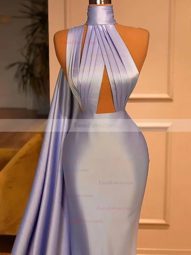 Trumpet/Mermaid High Neck Silk-like Satin Sweep Train Ruffles Prom Dresses #Favs020108621
