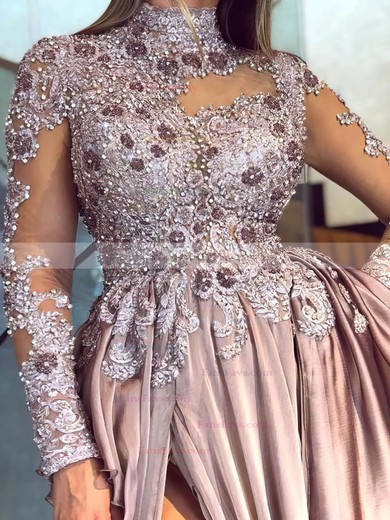 A-line High Neck Silk-like Satin Sweep Train Appliques Lace Prom Dresses #Favs020108623