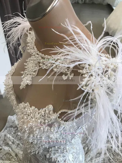 Trumpet/Mermaid Scoop Neck Lace Sweep Train Feathers / Fur Prom Dresses #Favs020108626