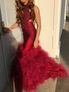 Trumpet/Mermaid Scoop Neck Tulle Sweep Train Appliques Lace Prom Dresses #Favs020108637