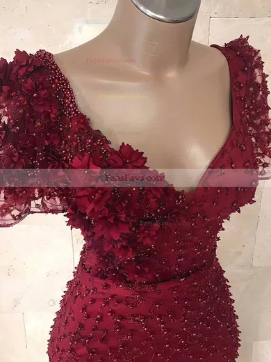 Trumpet/Mermaid V-neck Tulle Sweep Train Beading Prom Dresses #Favs020108641