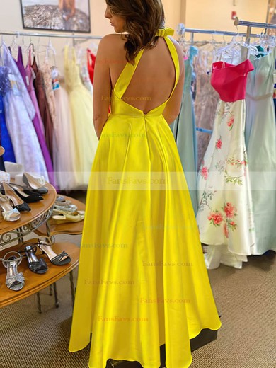 A-line V-neck Satin Sweep Train Bow Prom Dresses #Favs020108644