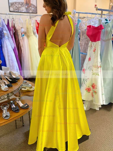 A-line V-neck Satin Sweep Train Bow Prom Dresses #Favs020108644