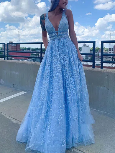 A-line V-neck Satin Lace Sweep Train Beading Prom Dresses #Favs020108645