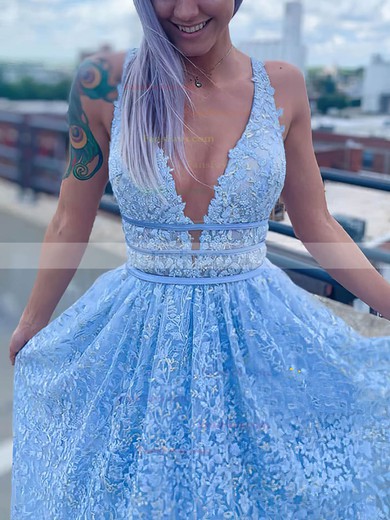 A-line V-neck Satin Lace Sweep Train Beading Prom Dresses #Favs020108645